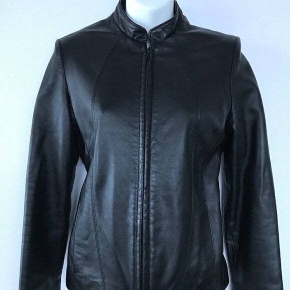 BOGATO, women's black leather jacket, fitted moto jacket, all-season small/med - Picture 2 of 13